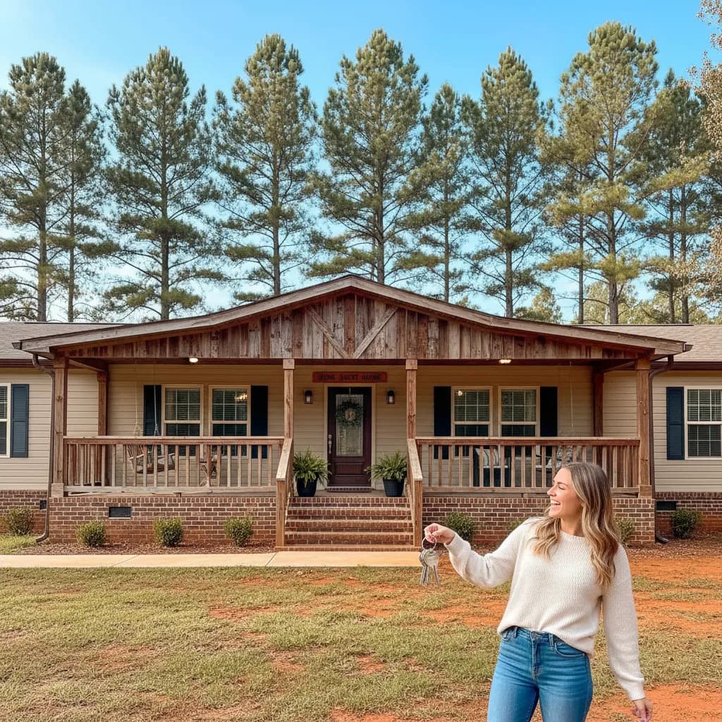 A welcoming new manufactured home with a covered front porch on Georgia acreage