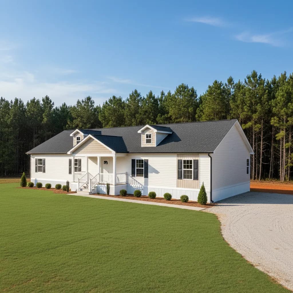 A large new double-wide manufactured home on a private acre of Georgia land