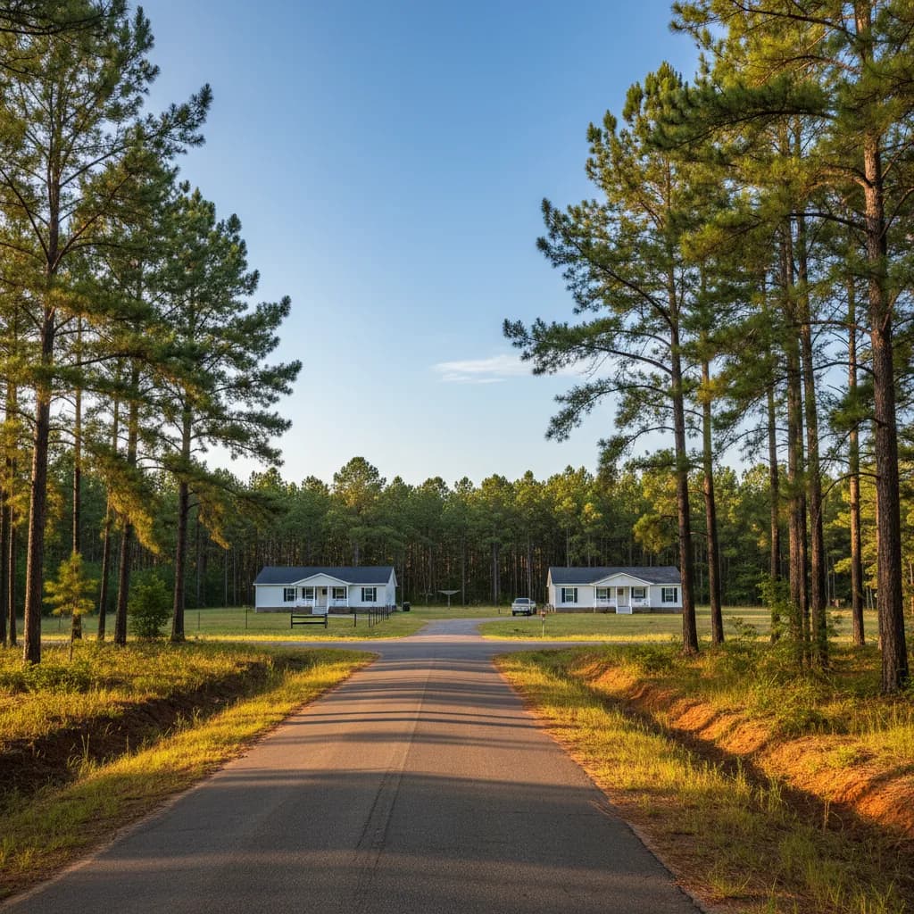 A rural Central Savannah River Area road lined with pines and newer homes on acreage
